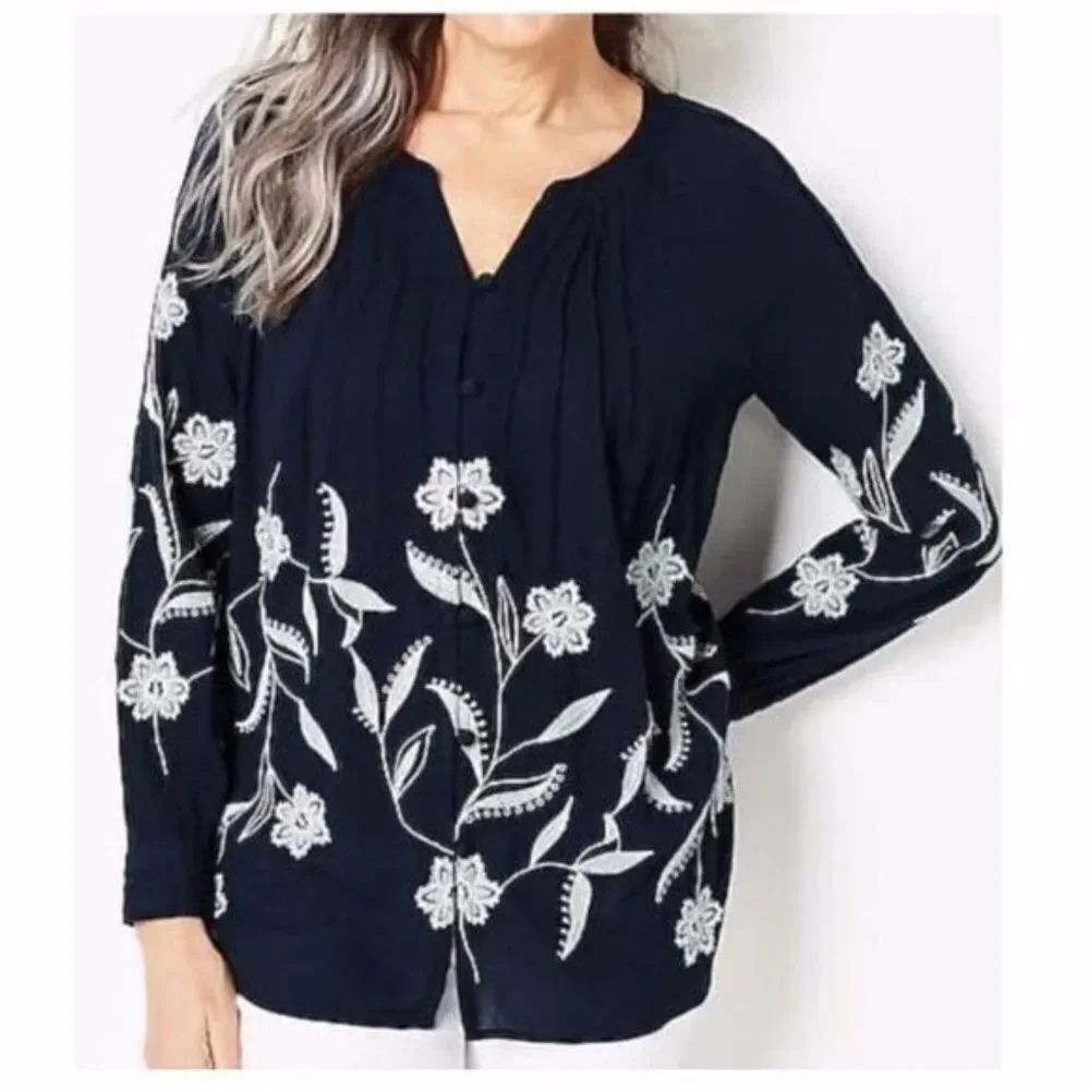J. Jill Navy Blue Floral Embroidered Button Front Long Sleeve Boho Blouse M